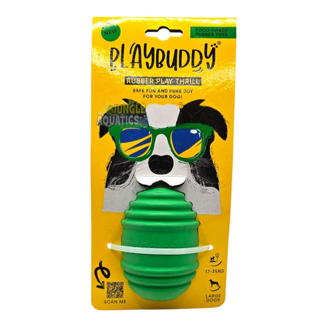 Playbuddy Rubber Thrill dog toy in green packaging, designed for fun and mental stimulation for dogs.