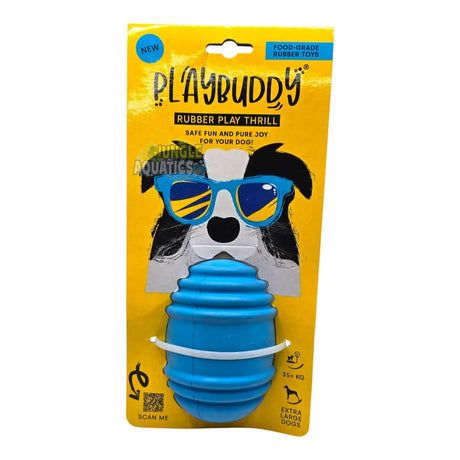 Playbuddy Rubber Thrill in blue packaging, ideal for dogs seeking safe, engaging play with its unique bouncing design.