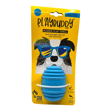 Playbuddy Thrill rubber dog toy in blue, designed for exciting and engaging play for large dogs.
