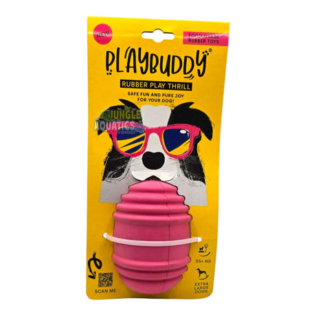 Playbuddy Rubber Thrill toy in pink packaging, designed for engaging and safe dog play.