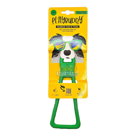 Playbuddy Tug and Toss dog toy package featuring a durable rubber design for tug-of-war games.
