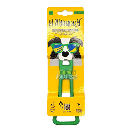 Playbuddy Tug and Toss toy packaging, designed for small dogs, featuring a playful dog graphic.