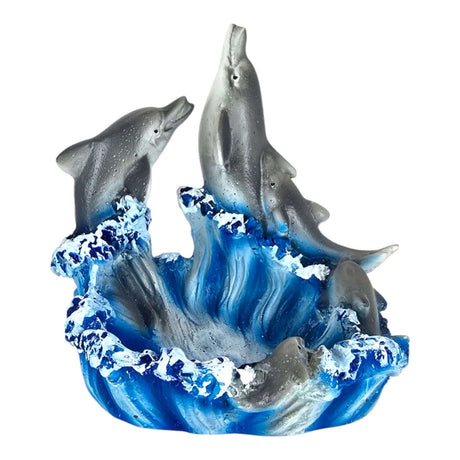 Playing Dolphins Aquarium Ornament with three dolphins leaping from a vibrant blue wave, perfect for home decor.