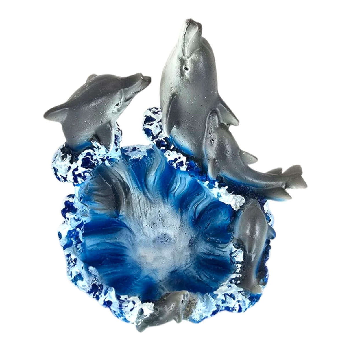 Playing Dolphins Aquarium Ornament with three dolphins jumping from a vibrant blue wave, perfect for home decor.