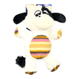 Plush cow dog toy featuring soft textures and colorful stripes, perfect for chewing and cuddling.