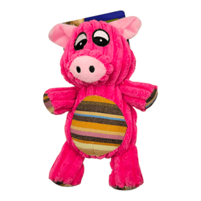 Bright pink plush pig dog toy with striped belly, ideal for chewers and snugglers, perfect for playtime and mental stimulation.