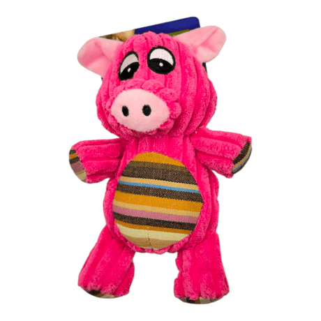 Bright pink plush pig dog toy with striped belly, ideal for chewers and snugglers, perfect for playtime and mental stimulation.