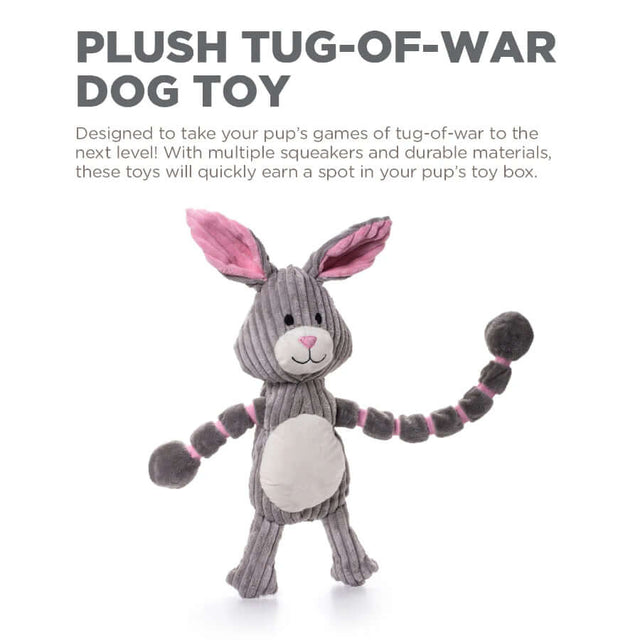 Charming Pet Thunder Tuggerz Bunny, a plush tug-of-war dog toy with squeakers and durable materials.