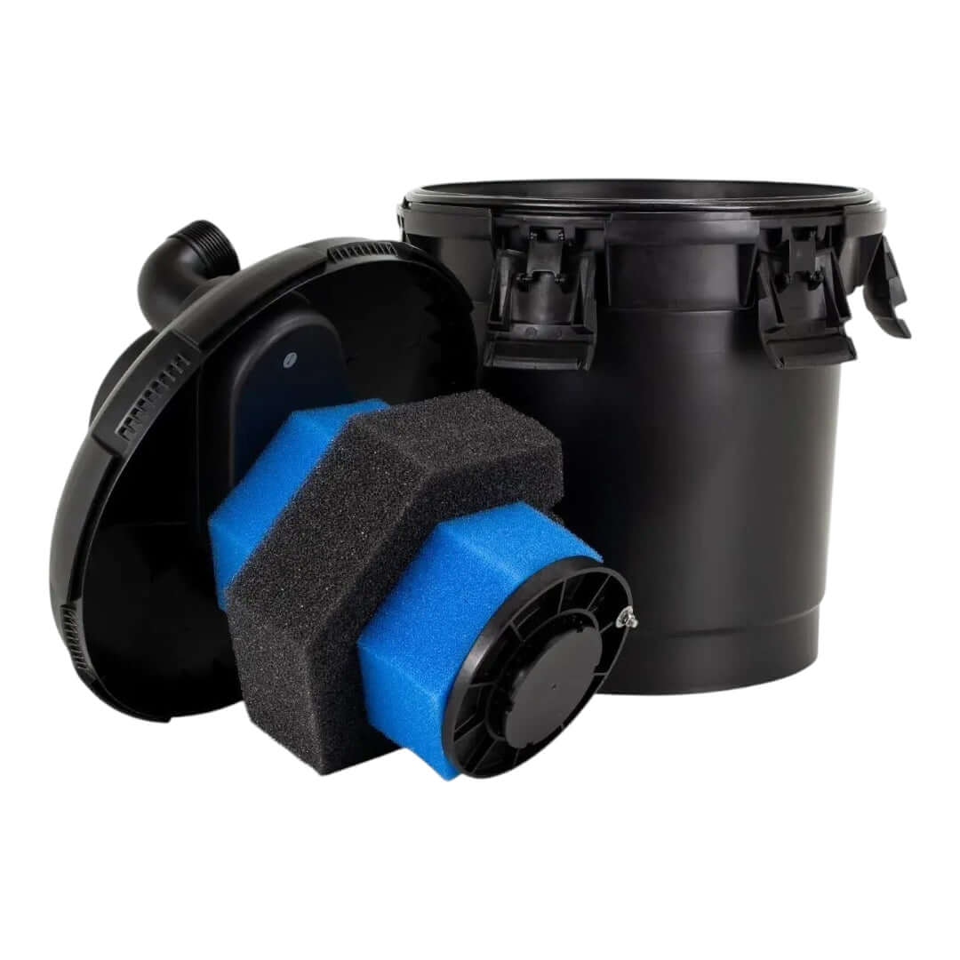 Pontec PondoPress 10000 pond filter components including blue bio-media and black pressure filter container.