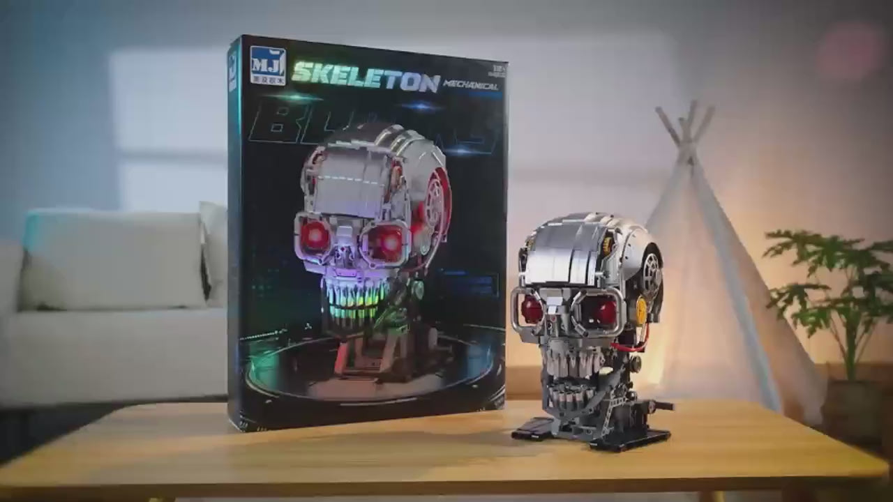 MJI Mechanical Skeleton 13089 displayed next to its box on a table, showcasing detailed design and build quality.