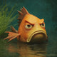 Angry cartoon fish character swimming in a pond surrounded by green aquatic plants.