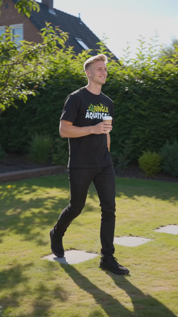 A person walking in a garden, enjoying a drink, wearing a Jungle Aquatics t-shirt.