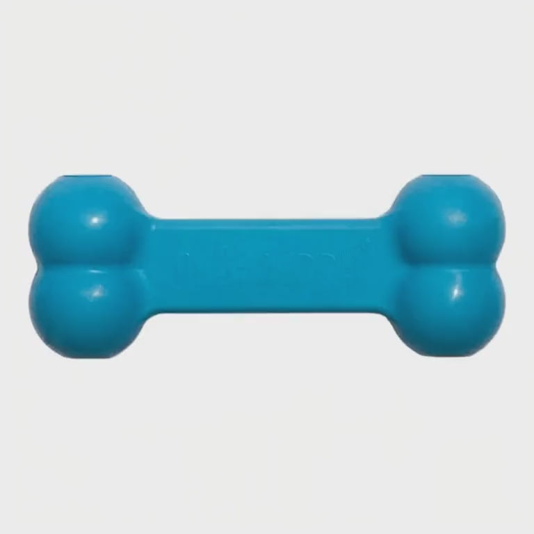 PlayBuddy blue rubber play bone toy for dogs, durable and non-toxic chew item.
