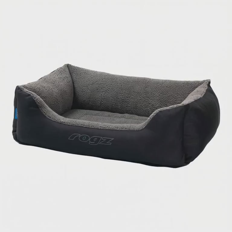 Rogz Outdoor Walled Dog Bed with side bolsters in gray and black, designed for comfort and durability.