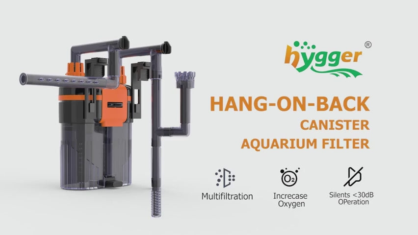 Hygger hang-on-back canister filter with multiple media for freshwater and saltwater aquariums.