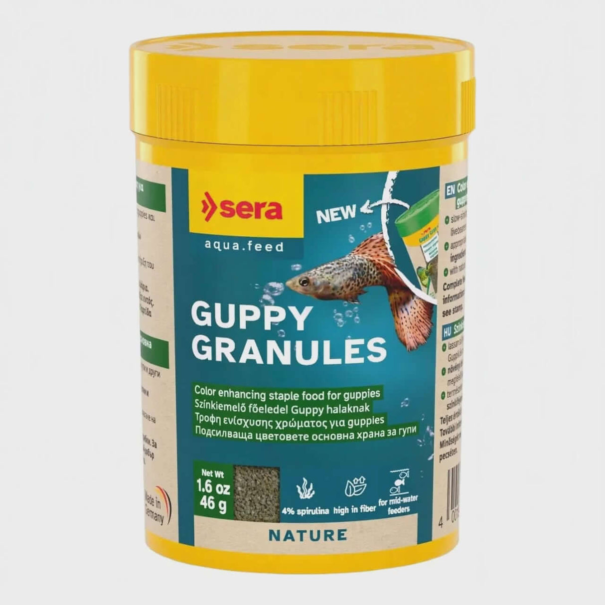 Sera Guppy Granules, color-enhancing food for guppies, in a yellow container, 1.6 oz, promoting healthy growth and vibrant colors.