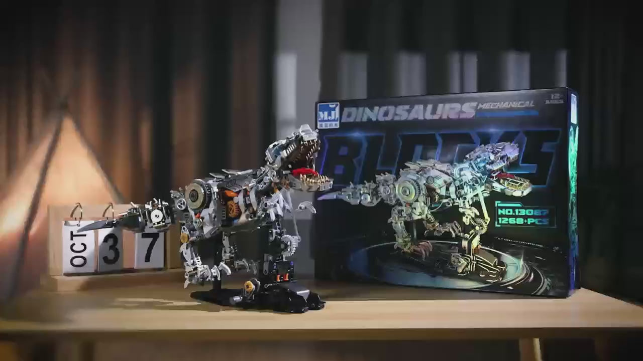 MJI Mechanical Dinosaurs 13087 set with detailed mechanical dinosaur model and original packaging displayed on a table.