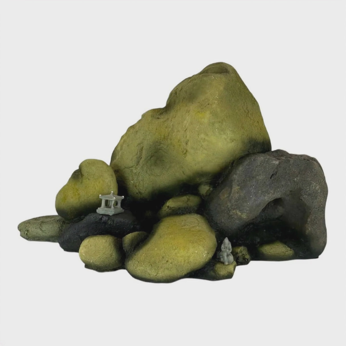Pebble Rock Mountain Aquarium Ornament with realistic textures in olive-green and muted brown for an aquatic landscape.
