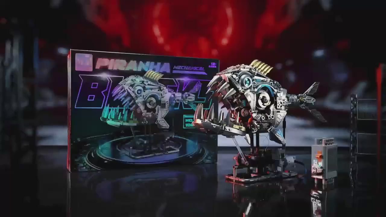 MJI Mechanical Piranha 13092 building set displayed with original packaging in a creative setting.