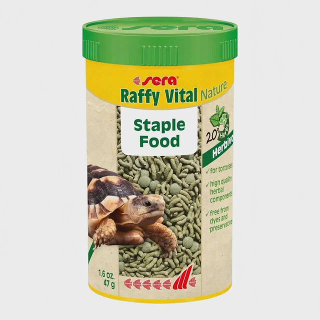 Sera Raffy Vital Nature staple food for herbivorous reptiles with nutritional herb blend in a container.