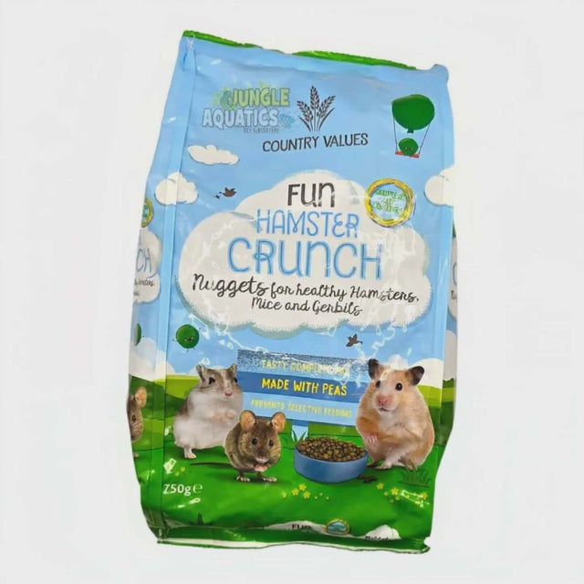Burgess Country Values Fun Hamster Crunch 750G nuggets for healthy hamsters, mice, and gerbils, made with peas.