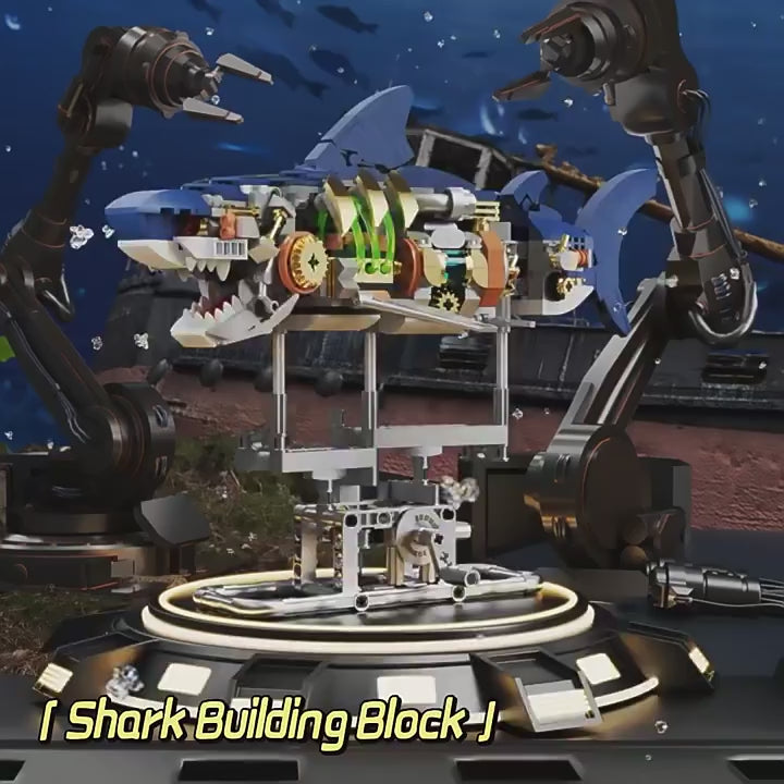 MJI Machinery Shark 13054 building block model with intricate details and robotic arms for display.