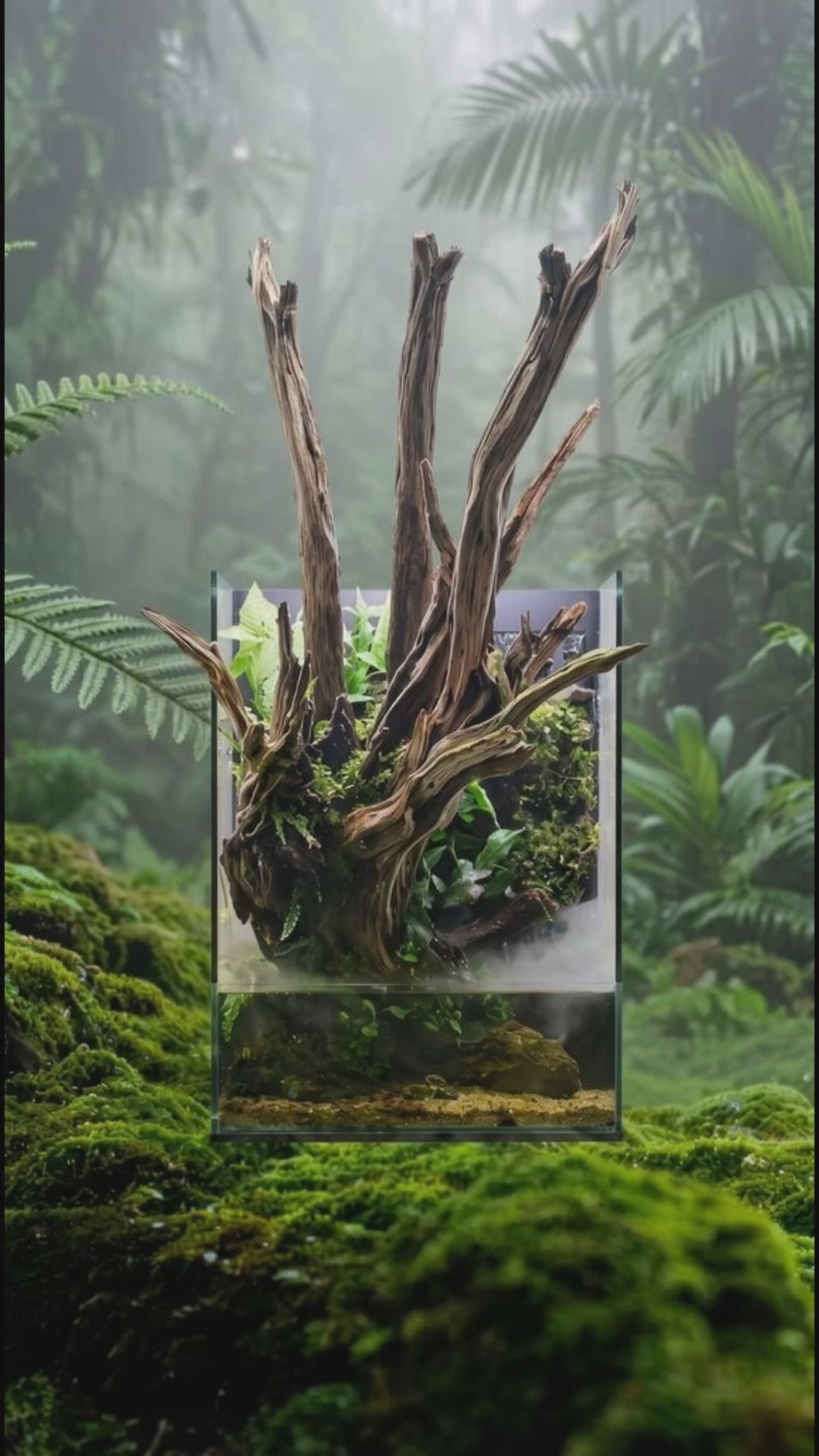 Jungle Mist Paludarium with lush plants and flowing water in a tropical setting.