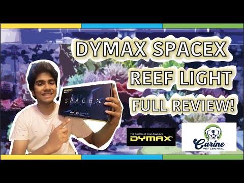 Dymax SpaceX Reef LED Light 48W unboxing and review by a young man with aquarium backdrop.