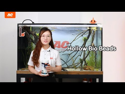 Aqua Clean Bio Filter Medium with a model demonstrating its features near an aquarium, showcasing hollow bio beads for efficient filtration.