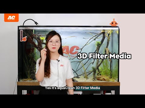 Aqua Clean 3D Filter Medium displayed next to a fish tank, showcasing its benefits for aquariums and ponds.