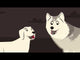 Illustration of two cartoon dogs, a white lab and a gray husky friendly looking with smiles.