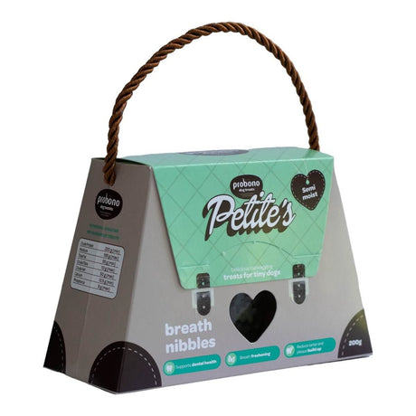 Probono Petite Tiny Dog Treats packaging with a handle, designed for dental health, 200g size.