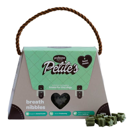 Probono Petite Tiny Dog Treats 200g pack, semi-moist breath nibbles for dental health and freshening breath.