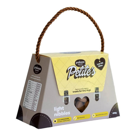 Probono Petite Tiny Dog Treats 200g packaging featuring a stylish design and treats for small dogs. Healthy and nutritious biscuits.