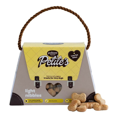 Probono Petite Tiny Dog Treats 200g, healthy biscuits for tiny dogs in a unique bag with a handle, promoting good dental health.