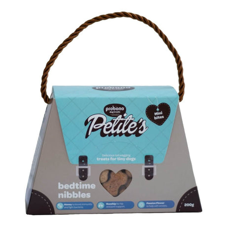 Probono Petite Tiny Dog Treats 200g packaging, featuring a cute design and "bedtime nibbles" label for tiny dogs.