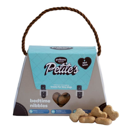 Probono Petite Tiny Dog Treats in a cute box with biscuits, ideal for tiny dogs' health and dental care.