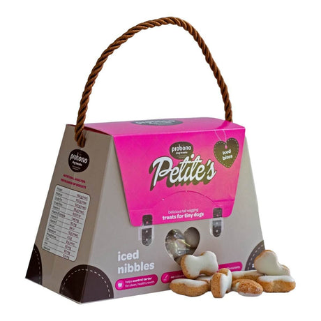 Probono Petite Tiny Dog Treats 200g box with heart-shaped iced nibbles, designed for small dogs, promoting dental health.
