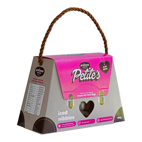 Probono Petite Tiny Dog Treats 200g packaging, designed for small dogs, featuring a cute handle and colorful branding.