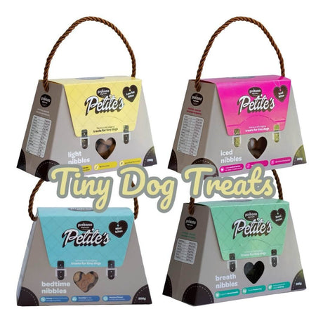Probono Petite Tiny Dog Treats packaging featuring four flavors: light nibbles, iced nibbles, bedtime nibbles, and breath nibbles.
