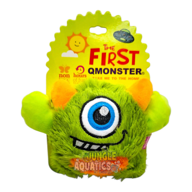 Q-Monster Bounce Ball Dog Toy featuring a plush green monster with a funny face, perfect for endless dog play.
