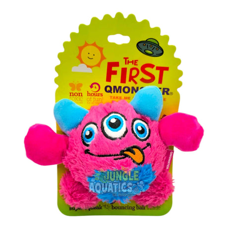 Q-Monster Bounce Ball Dog Toy - plush monster with vibrant colors, designed for fun and safe playtime for dogs.
