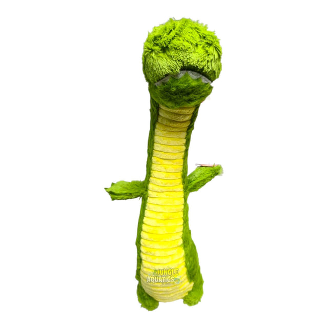 Q-Monster Dog Toy Crocodile plush toy in bright green and yellow, designed for dogs to tug, toss, and cuddle.