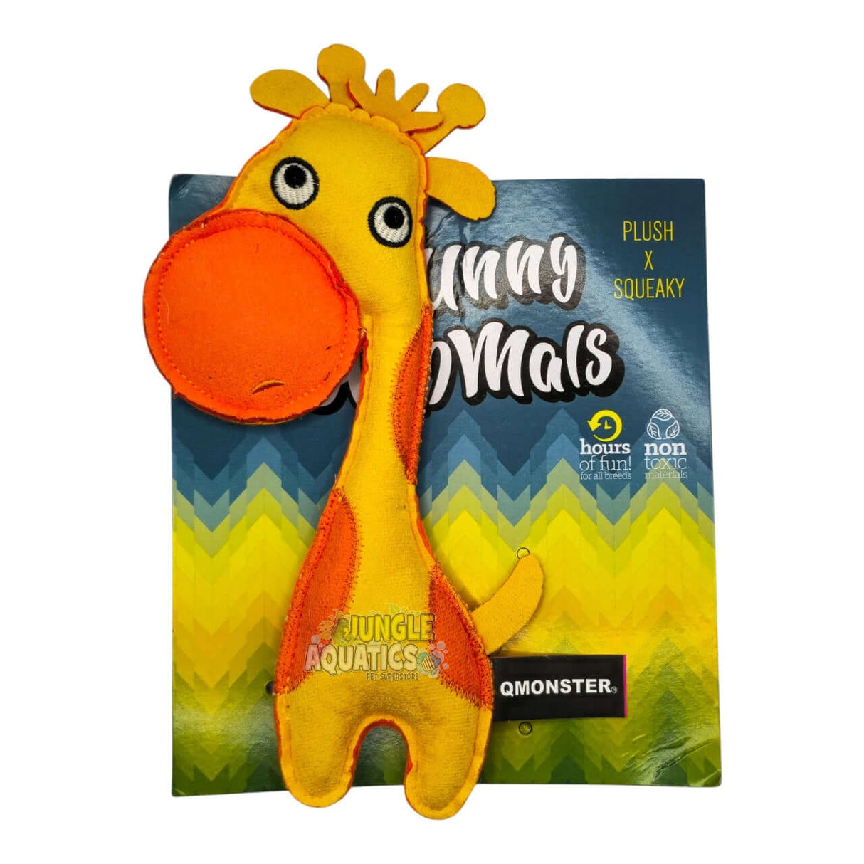 Q-Monster Dog Toy Giraffe plush toy with squeaky sound for dogs, bright orange and yellow design.