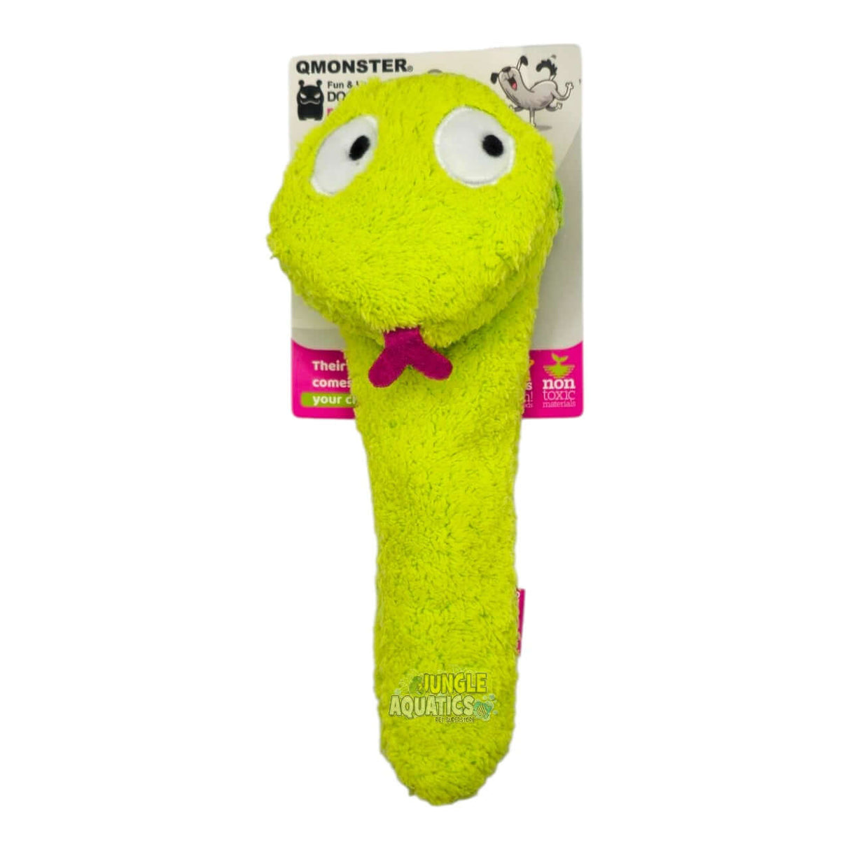 Q-Monster Dog Toy Green Snake in vibrant green color with big eyes and a tongue, perfect for playful pups.