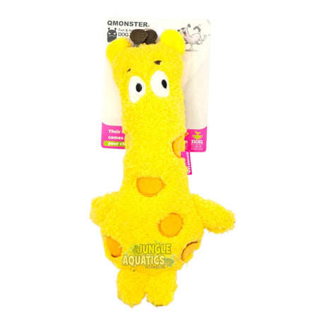 Q-Monster Dog Toy Yellow Giraffe plush toy with squeaker, designed for fun and interactive play for dogs.