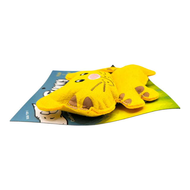 Q-Monster Dog Toy Cat yellow plush toy for small dogs and cats, featuring a cute cat design with a soft texture.