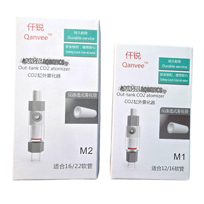 Qanvee Out-Tank CO2 Atomizer M1 and M2 packaging for inline CO2 diffusion, compatible with 12/16mm and 16/22mm filters.