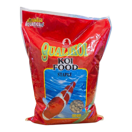 Qualikoi Staple Koi Food bag featuring balanced nutrition for koi fish with 34% protein.
