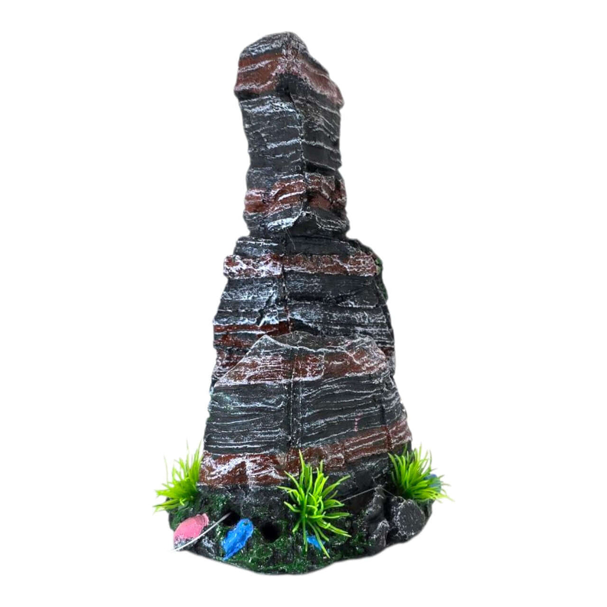 Red and Black Rock Aquarium Ornament with textured layers and artificial plants for aquatic decor.